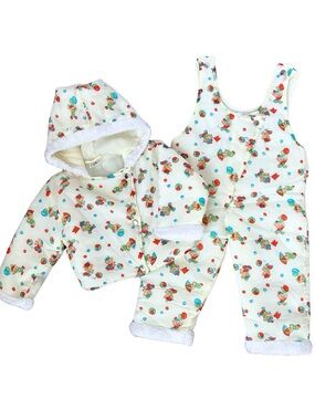 Vintage Baby Snowsuit Set 12M Hooded Jacket Overalls Teddy Bear Balloons Print